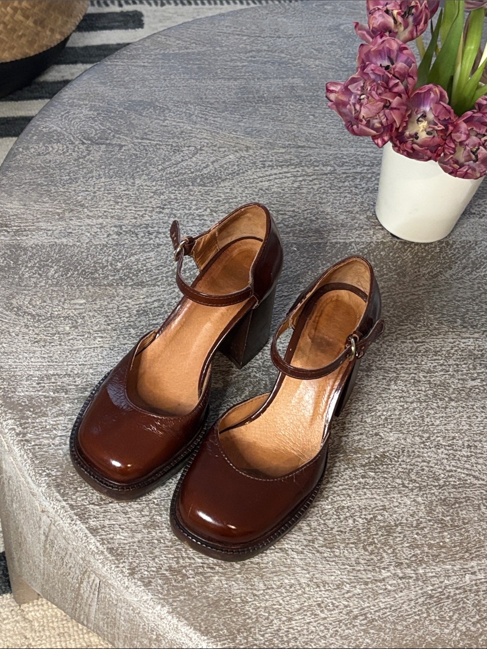 Women’s Brown Patent Mary Jane Block Heel Pumps with Ankle Strap